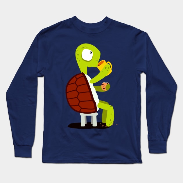 Turtle drinking tea with cookies Long Sleeve T-Shirt by hyperactive